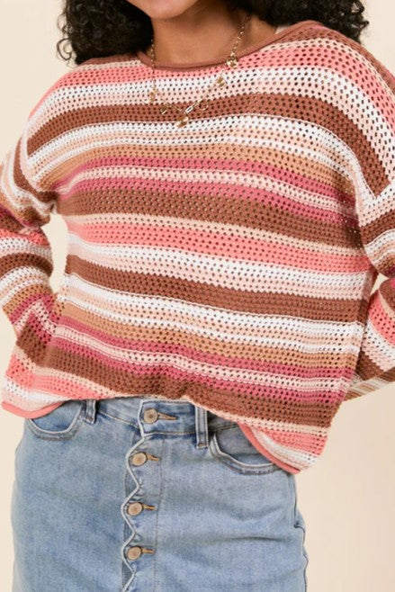 Brown Striped Open Knit Sweater