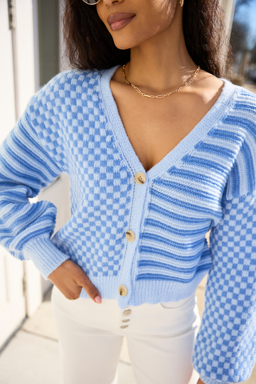Checkered And Stripes Blue Cardigan