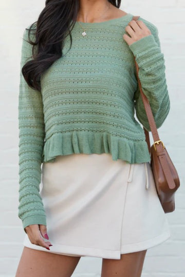 Green Open Knit Ruffle Trim Sweater