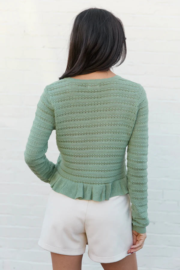 Green Open Knit Ruffle Trim Sweater